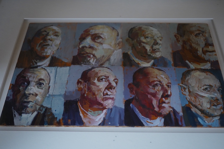 A collection of six oils and mixed medias to include: Phil Tyler, Head studies, watercolour Portrait of a terrier and Still life of vessels, largest 42 x 18cm. Condition - good